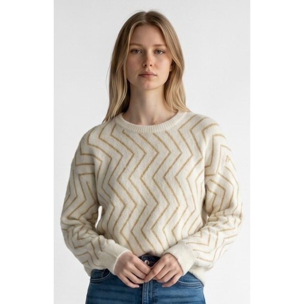 FRNCH Paris Women's Sweater Size Medium/Large Cream Gold Chevron Knit Pullover